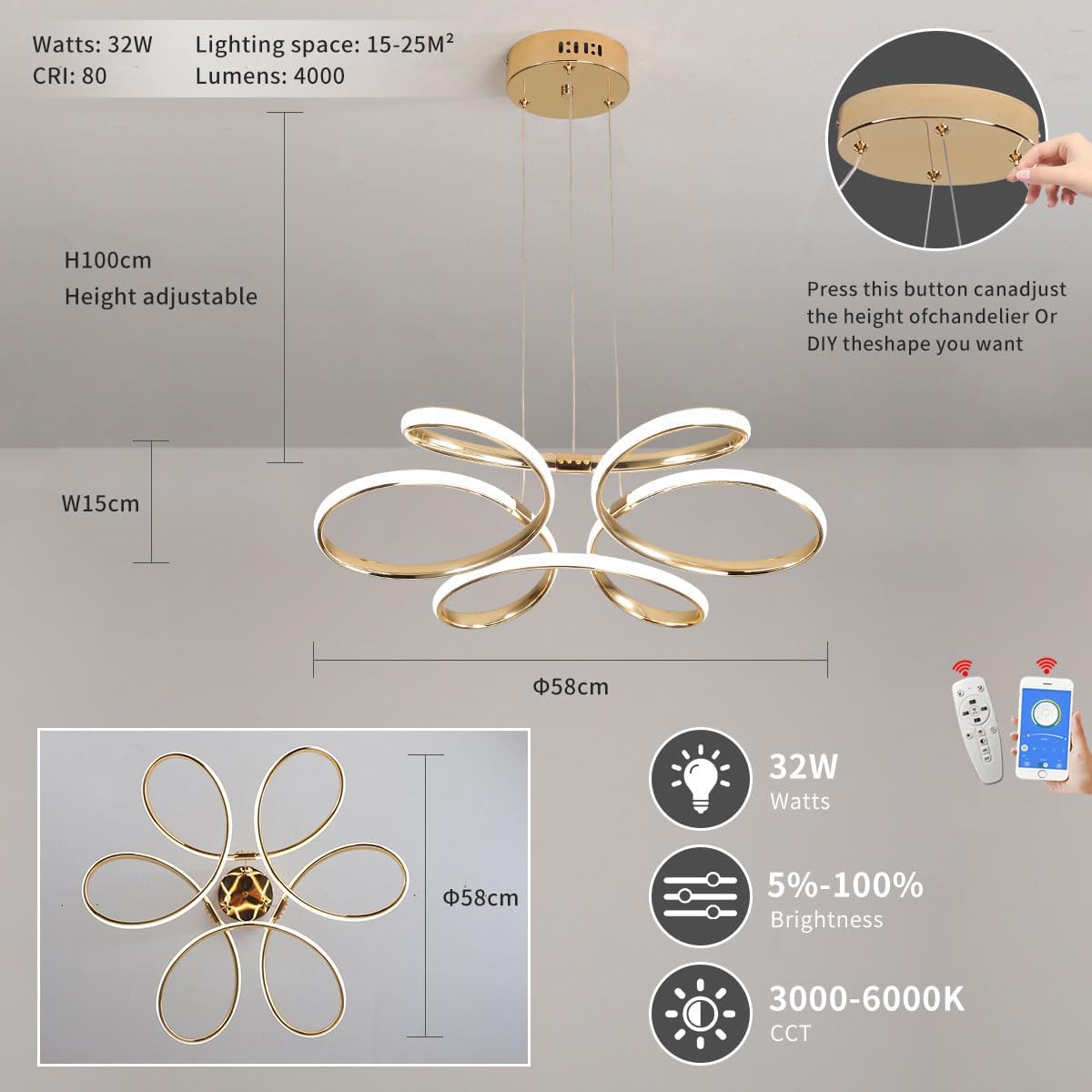 Modern LED Dimmable Pendant Lamp with Remote, Flower Shape Chandelier, Adjustable Height Hanging Light Fixture for Living Room Dining Room Bedroom Kitchen Decorative Lamp (A - Gold)