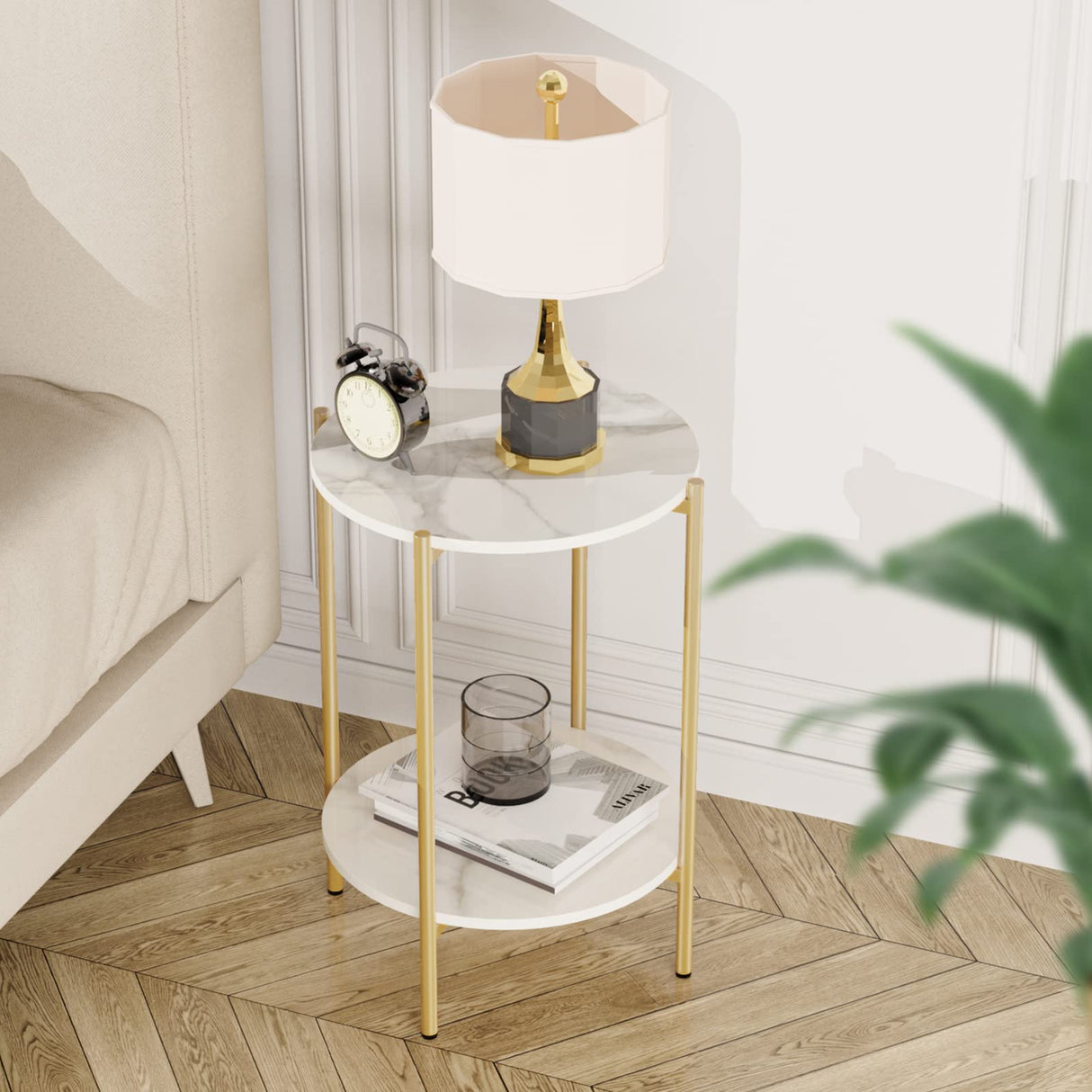 Marble Top Side Table Gold: 2 Tier Round Shape End Tables 40.5 x 55cm Sintered Stone Bedsides with Metal Golden Legs Modern White Nightstand Circular Sofa Corner Table for Living Room Reception