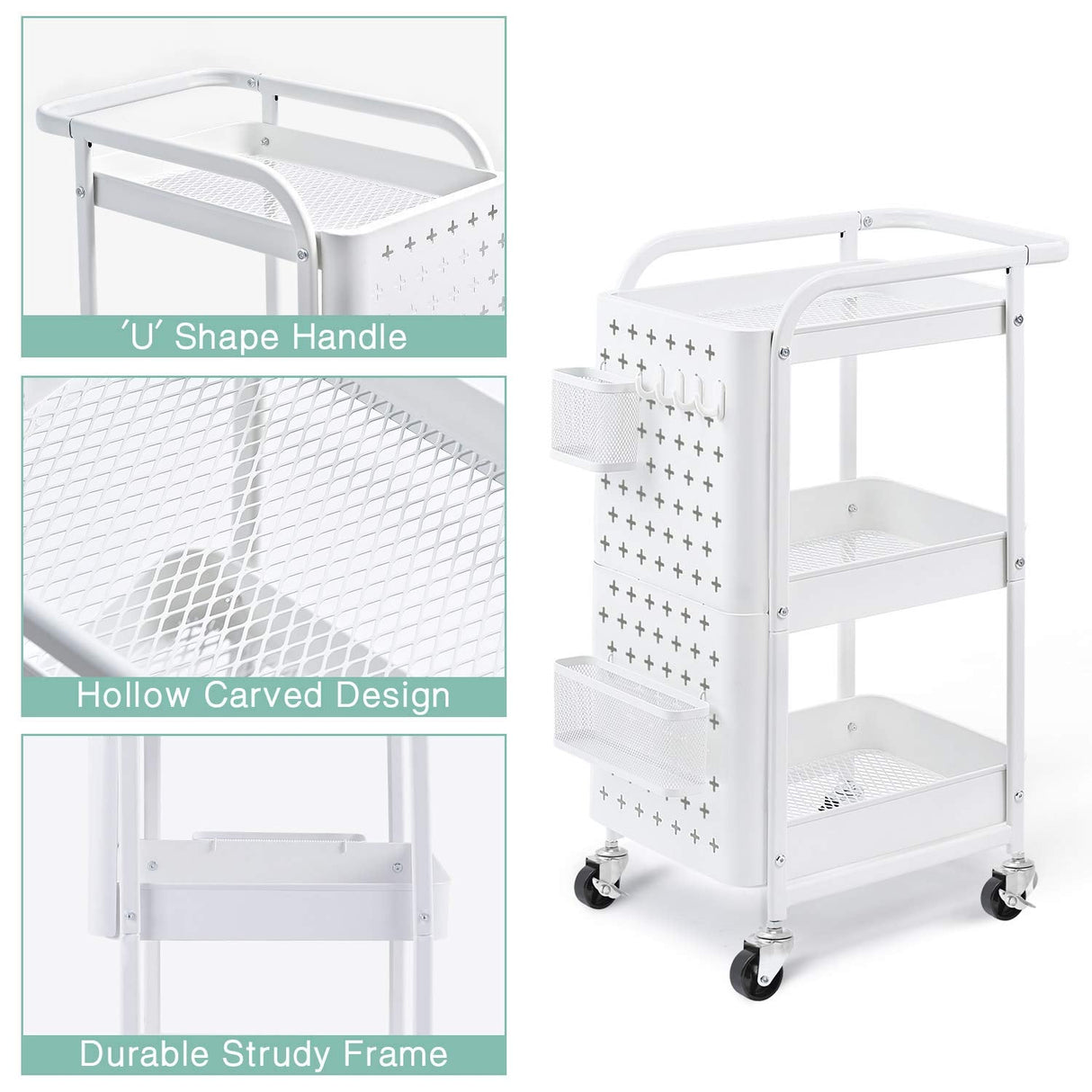 Storage Trolley, 3-Tier Rolling Cart, Utility Cart Metal Shelving with Peg Board Hooks Baskets Handles Locking Wheels, Mobile Storage Rack for Kitchen Office Garage Home (White)