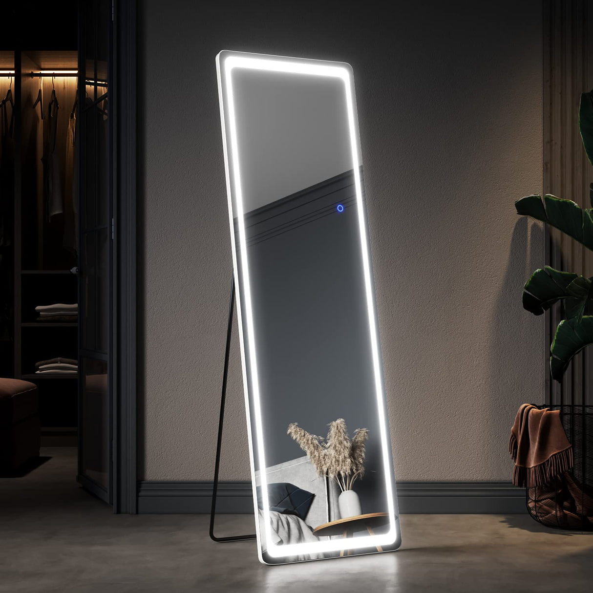 LED Floor Mirror, Wall Mounted Hanging Mirror with Lights, LED Lighted Full Body Dressing Mirror, Large Vanity Mirror for Bedroom 160 x 50 cm