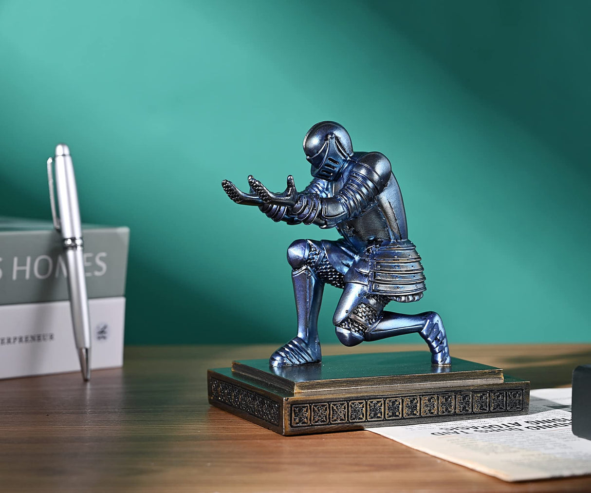 Knight Pen Holder Pen Stand Desk Organizers and Accessories Resin Pencil Holder as Gift with a Fancy Pen for Office and Home Desk Organizer (Blue)