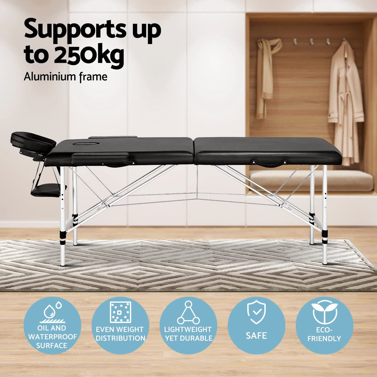 Massage Table 75cm Portable Aluminium 2 Fold Black Treatment Beauty