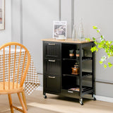 Kitchen Island on Wheel with Storage, Multi-purpose Rolling Cart w/ Rubber Wood Countertop, 3 Drawers, Removable Tray & Open Shelves, Lockable Casters, Mobile Serving Trolley for kitchen, Dining Room (Black)