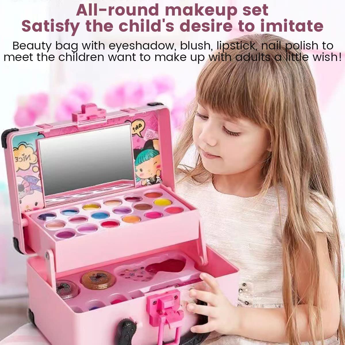 33PCS Kids Makeup Toy Kit, Washable Princess Pretend Play Makeup Beauty Toy Set Real Cosmetic, Safe & Non-Toxic Portable Makeup Box for Girls Over 3 Years Old