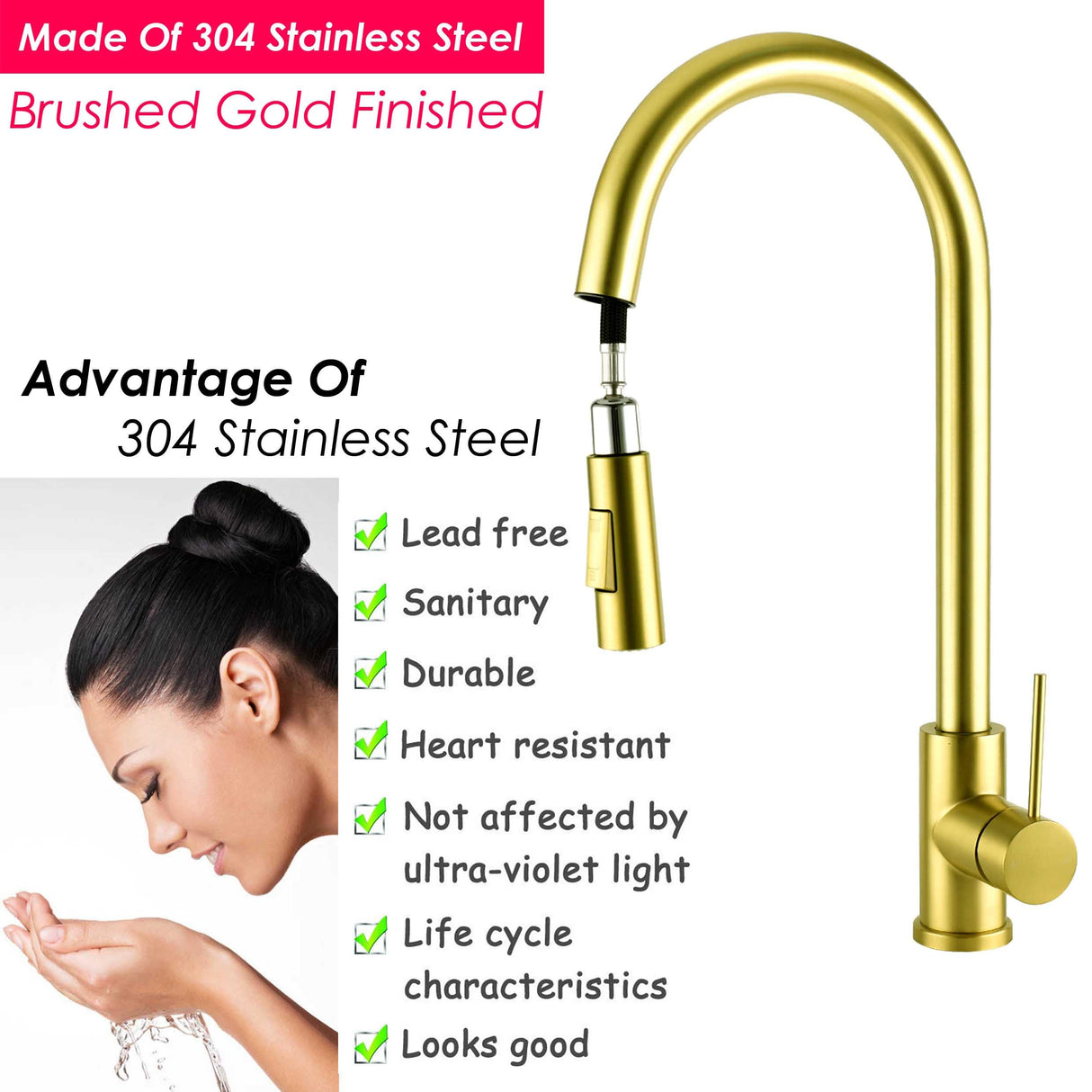 2 Mode Pull Out Kitchen Tap Laundry Sink Mixer Swivel Gooseneck Faucet (Brushed Gold)