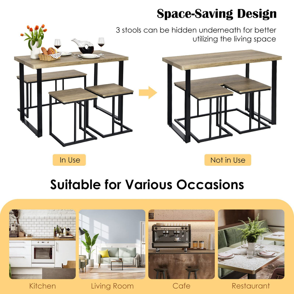 4 Piece Dining Table Set, Modern Kitchen Counter Height Table Set for 4 with Bench & Stools, Sturdy Iron Structure, Space-Saving Furniture Set for Home Pub Breakfast Nook, Oak Grey