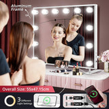 Hollywood Makeup Mirror 12 LED Lighted Vanity Mirror Dimmable Lights Dressing Mirror Wall Mounted or Tabletop,Touch Screen, USB Charge Port, Phone Holder for Dressing Room, Bedroom 55x45cm