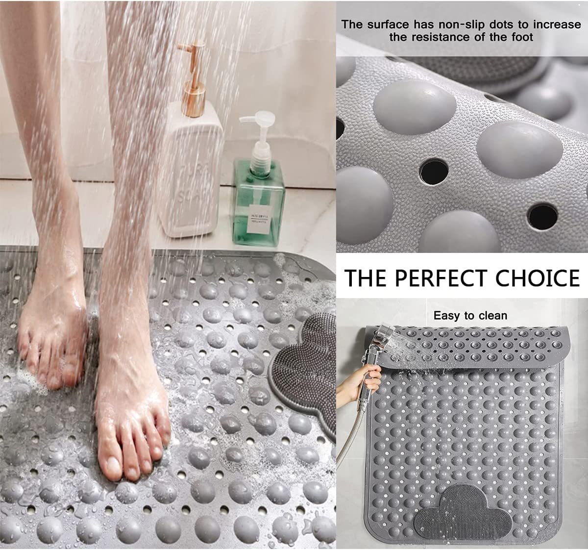 Shower Mat Non Slip Bathtub Mat, Cloud Foot Massage Area, Flexible Soft Massages Your Soles Effectively,Eco-Friendly TPE Anti-Drop for Tub with Suction Cups Bathroom Foot Mats , Grey, 70 X 40CM