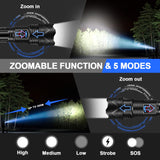 LED Flashlight 10000 High Lumen Flashlight 6000 mAh USB Rechargeable Flashlight XHP70.2 Super Bright Flashlight IP67 Waterproof Zoomable Tactical Flashlight with 5 Lighting Modes for Emergency Camping Hiking