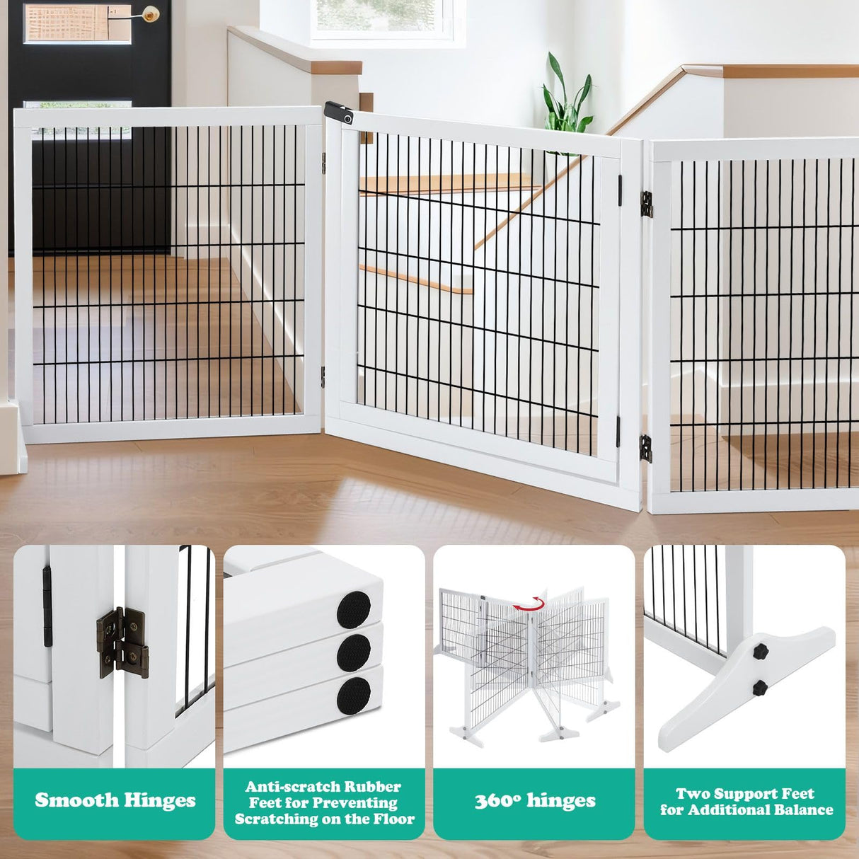 Wooden Dog Pet Fence 3 Panels DIY Shape,Foldable Puppy Gate Safety Guard,Indoor Pet Playpen Foldable Cat Barrier Protection Net Stair Partition,White