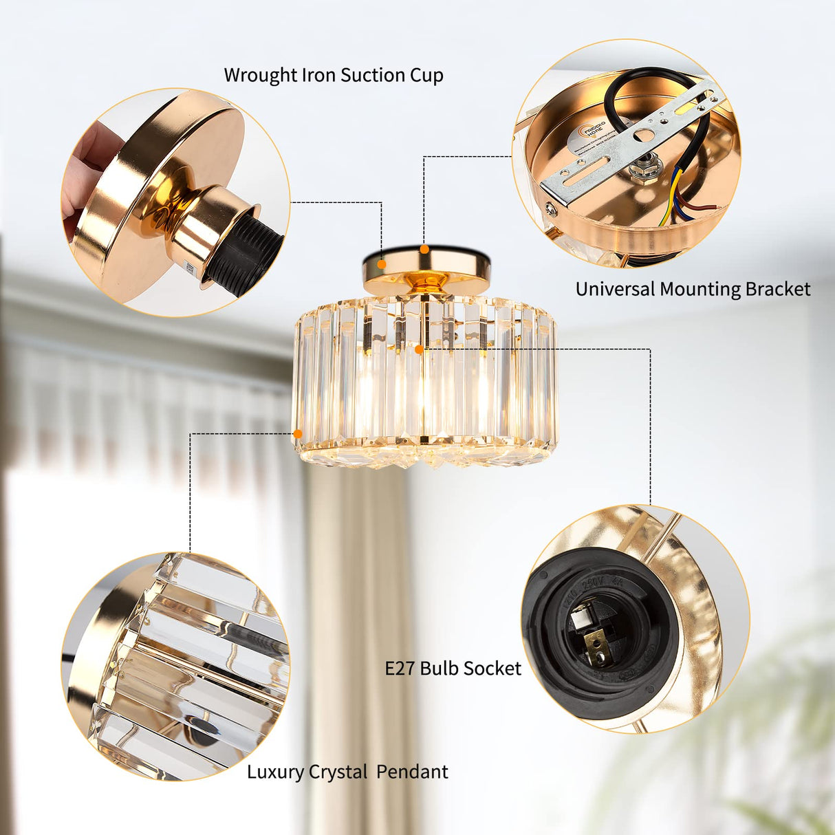 Gold Ceiling Light Fixture - Easric Industrial Crystal Semi Flush Mount Ceiling Lighting Modern LED Crystal Chandeliers Fitting for Hallway Living Room Dining Room Kitchen