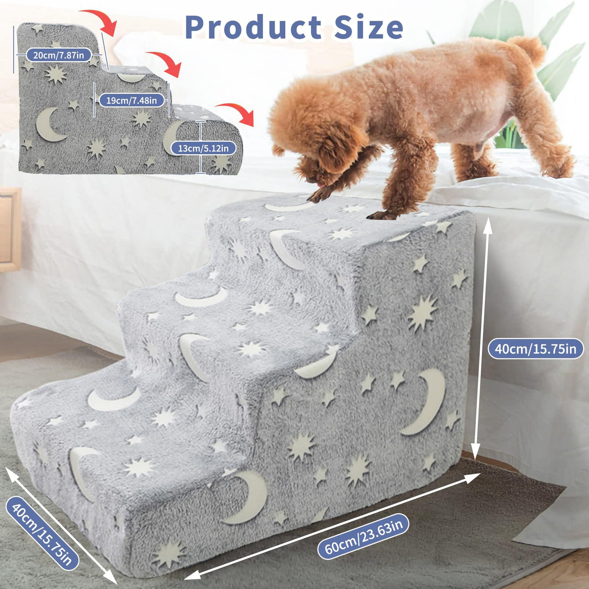 Pet Stairs for High Beds and Couch, 3-Step Pet Stairs, High-Density Foam, Non-Slip Washable Cover