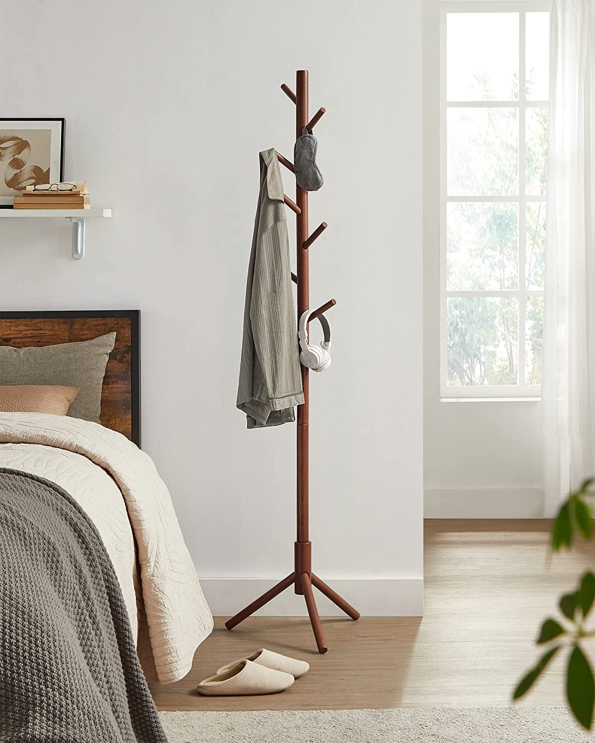 Wooden Coat Rack Tree with 8 Hooks, 3 Adjustable Sizes Free Standing, Solid Wood, Super Easy Assembly Hallway, Entryway Coat Hanger Stand for Clothes Suits (Brown)