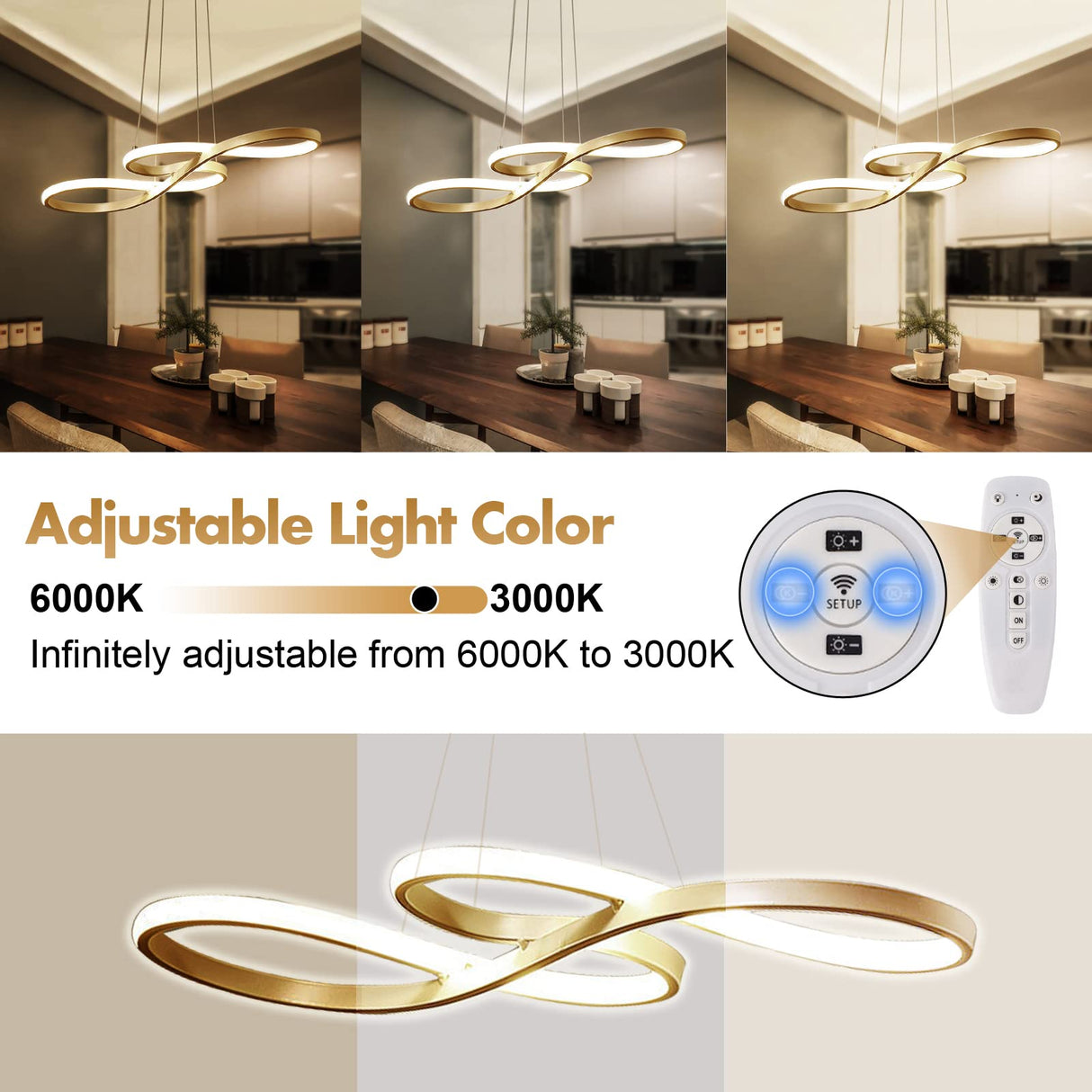 LED Modern Chandelier, Dimmable Pendant Light with Remote Control, Musical Note Shape Chandelier Lighting for Dining Rooms Bedroom Kitchen Restaurant, 100CM, 3000K-6000K, 68W, Gold