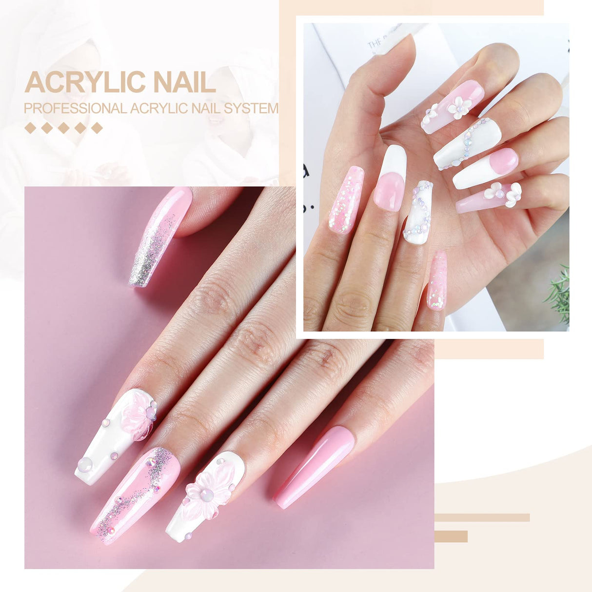 Acrylic Nail Kits Professional,White Pink Clear Acrylic Powder with Liquid Set,Nail Decoration Powder with Nail Rhinestone Nail Brush False Nail Tips for Manicure Builder