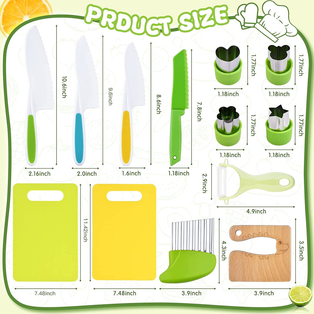 Kids Safe Knife Set -13 Pieces Montessori Kitchen Tools for Toddlers - Kids Cooking Sets, Toddler Knife for Real Cooking with Safe Knives/Crinkle Cutter/Kids Cutting Board/Peeler/Fruit Cutters Shapes