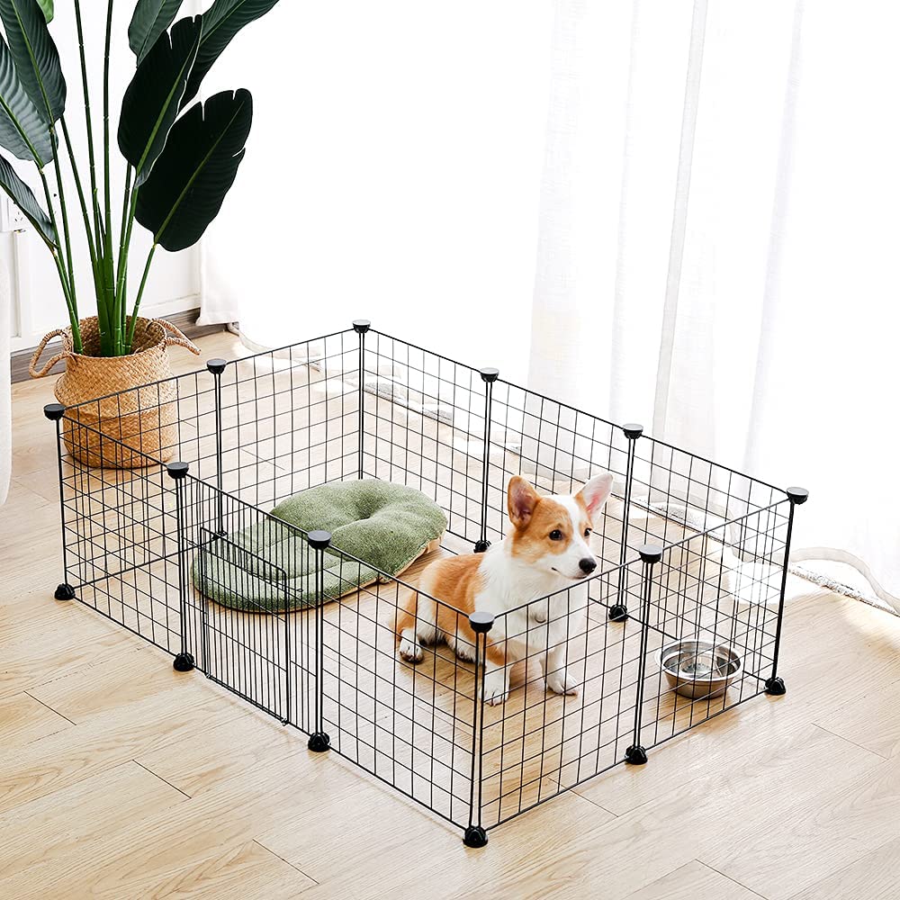 Pet Dog Panel, DIY Small Animal Cage Rabbit, Guinea Pig, Puppy, Kitten | Wire Mesh Fence 10 Black Panels (10 with Doors)