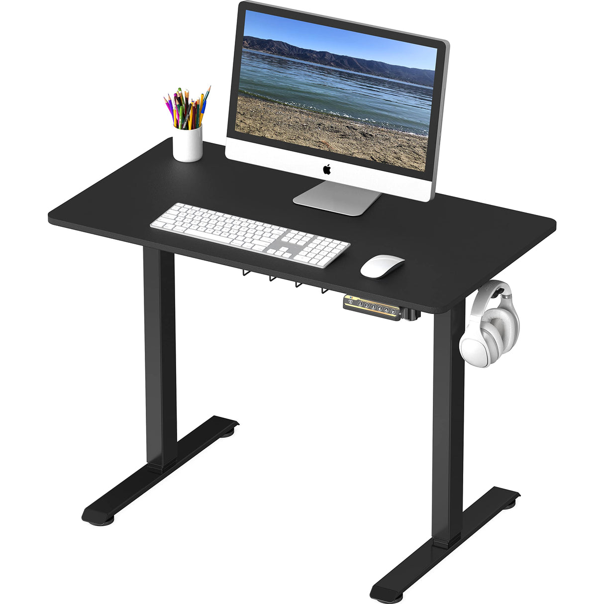 SHW Small Electric Height Adjustable Sit Stand Desk with Hanging Hooks and Cable Management, 40 x 22 Inches, Black Frame and Black Top