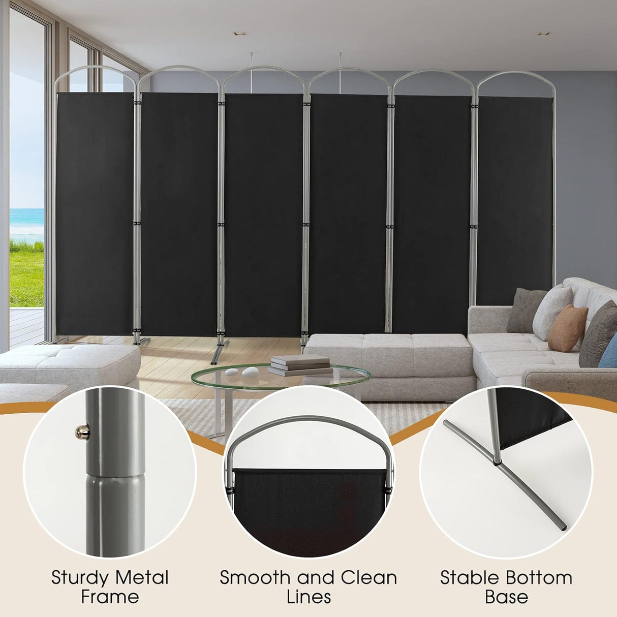 6-Panel Folding Room Divider, Privacy Screen, Portable Polyester Fabric Wall Divider and Separator, Freestanding Privacy Protection for Living Room, Bedroom, Office