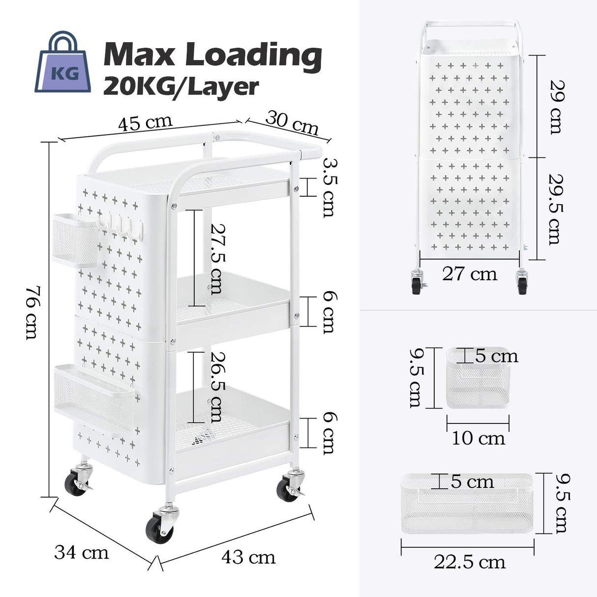 Storage Trolley, 3-Tier Rolling Cart, Utility Cart Metal Shelving with Peg Board Hooks Baskets Handles Locking Wheels, Mobile Storage Rack for Kitchen Office Garage Home (White)