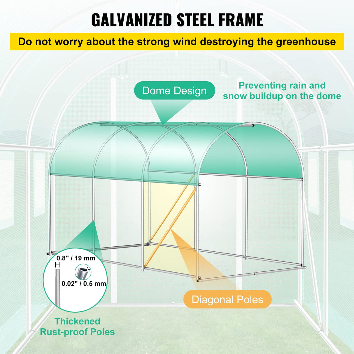 Walk-in Tunnel Greenhouse, 3 x 2.1 x 2.1 m, Portable Plant Hot House with Galvanised Steel Frame, 1 Top Bar, Diagonal Poles, Zipper Door and 6 Roll-Up Windows, Green