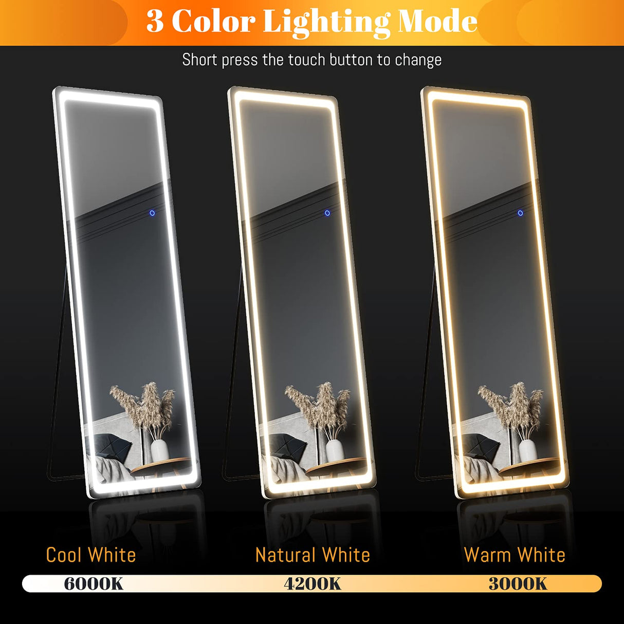 LED Floor Mirror, Wall Mounted Hanging Mirror with Lights, LED Lighted Full Body Dressing Mirror, Large Vanity Mirror for Bedroom 160 x 50 cm