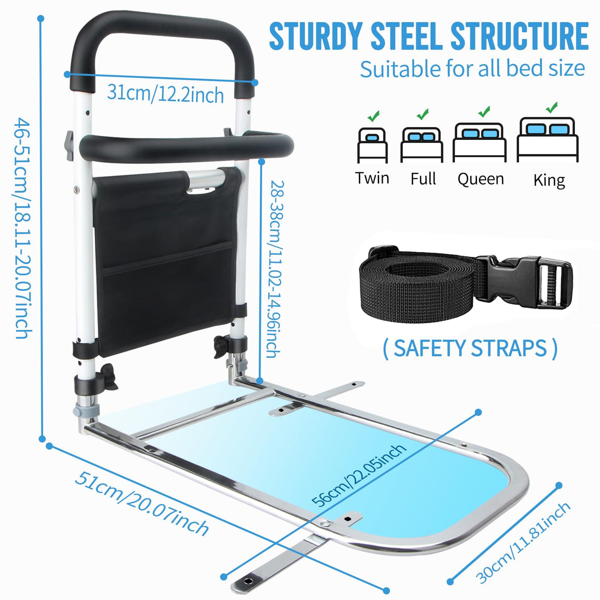 Bed Rails for Elderly Adults for Adjustable Bed, Bed Assist Rail with Built-in Motion Light & Bed Alarm, Bed Guard Rails for King/Queen/Full/Twin Size Bed, Adjustable Heights & Storage Pocket