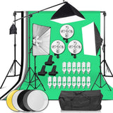 Photography Studio 3375W Continuous Lighting Softbox Background Kit 15 x 45W Bulbs + 5-Socket Light Heads Soft Box Kit + 4 Backdrops (Black/White/Green/Gray) Background Light Stand Reflector