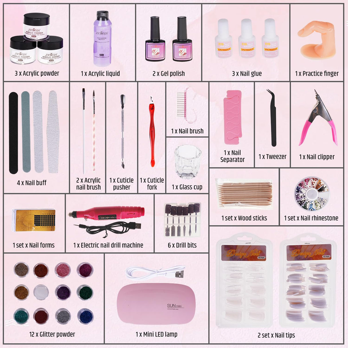 Acrylic Nail Kit – Full Acrylic Nail Set with Nail Drill Machine, Pink White Clear Acrylic Powder, Monomer Acrylic Liquid, 12 Pcs Glitter Nail Art Kit & with Nail Tips And Gel Nail Kit