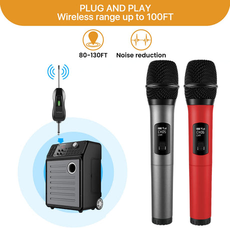 Wireless Microphone Dual Professional Cordless Dynamic Mic Handheld Microphone System for Amplifier, PA System, Karaoke, Meeting, Party, Church, DJ, Wedding, 100ft