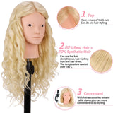 26'' Mannequin Head with Hair, 80% Real Human Hair Hairdresser Practice Training Head Cosmetology Mannequin Manikin Doll Head with Table Clamp Holder + DIY Hair Styling Braid Set (Blonde, No Makeup)