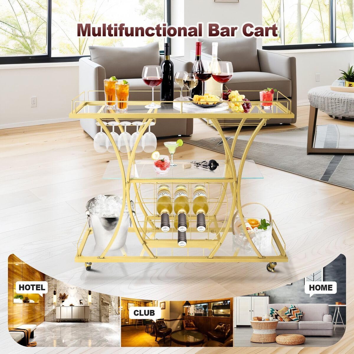 Bar Cart 3 Tiers Home Bar Serving Cart Drinks Wine Kitchen Serving Cart with 3 Mirror Glass Shelves & Wine Rack,Stemware Holder Gold