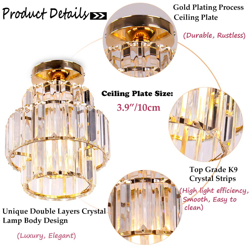 Mini Chandelier Crystal Chandeliers Lighting Flush Mount Ceiling Light Double-Layers Crystal Modern Chandelier Lighting Fixture for Bedroom Hallway Bar Kitchen Bathroom(Gold)