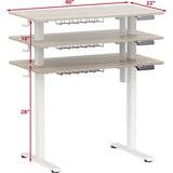 Small Electric Height Adjustable Sit Stand Desk with Hanging Hooks and Cable Management, 40 x 22 Inches, White Frame and Maple Top