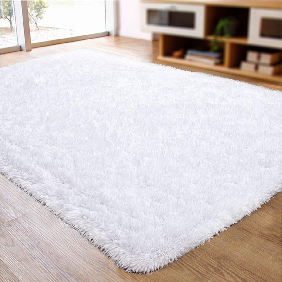 Super Soft Indoor Modern Shag Area Silky Smooth Rugs Fluffy Anti-Skid Shaggy Area Rug Dining Living Room Carpet Comfy Bedroom Floor 5.3' x 7.3', White