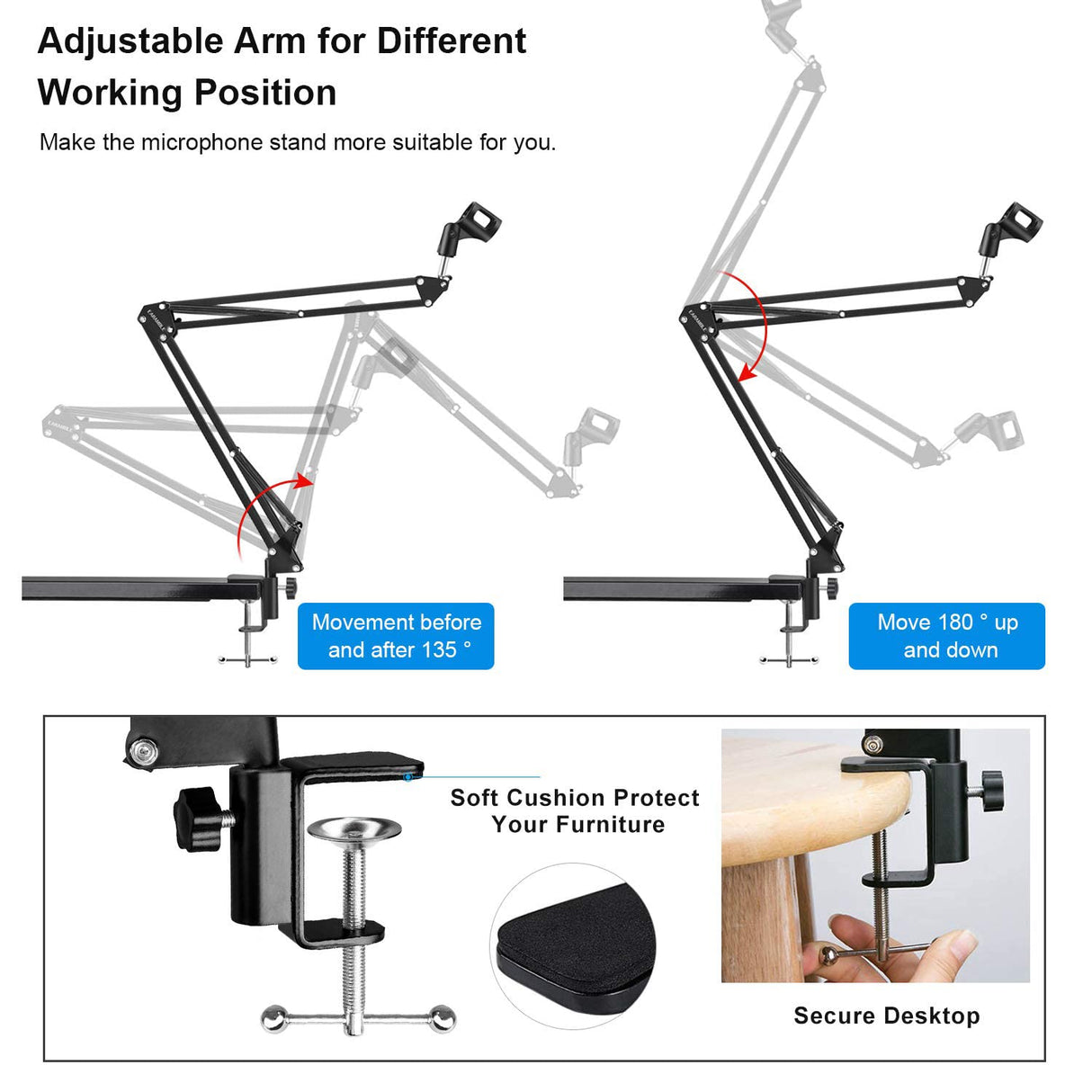 Microphone Desk Stand for Blue Yeti Adjustable Suspension Boom Scissor Arm Stand with 3/8"to 5/8" Screw Adapter, Compatible with Blue Snowball, Yeti Nano, Yeti x and other Mic