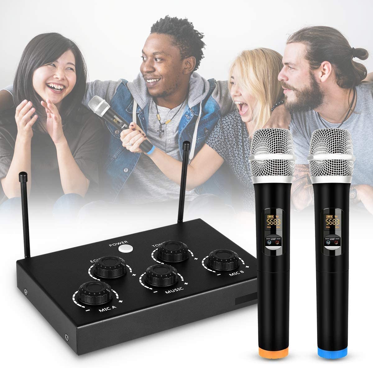 Portable Karaoke Microphone Mixer System Set with Dual UHF Wireless Mic, 3.5mm AUX/Optical/Coaxial in Singing Receiver for KTV, Amplifier, Speaker