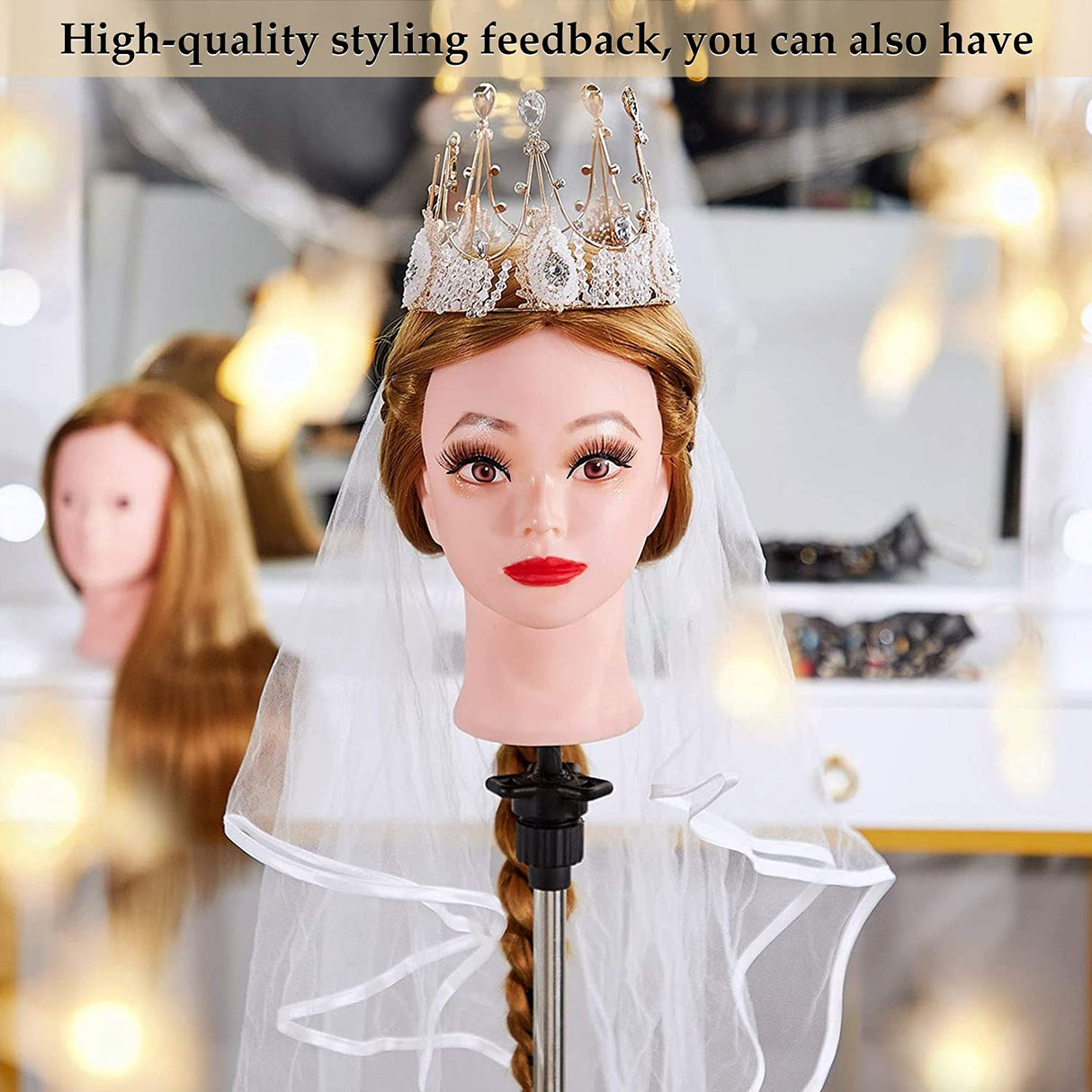 Beauty Star-Mannequin Head with 80% Real Human Hair, Mannequin Head with hair, Manikin Doll Head for Hair Styling with Table Clamp Holder + DIY Hair Styling Braid Set, Cosmetology Makeup Hairdressing Training Head ( Long 23.5inch, Light Brown )