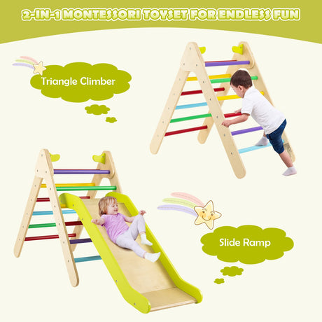 Wooden Climbing Toys for Toddlers, 2 in 1 Triangle Climber W/Adjustable Angle’s Ramp for Slide, Multi-Color Boys Girls Indoor Climber Play Gym Structure Gift Set for 1-6 Years Old