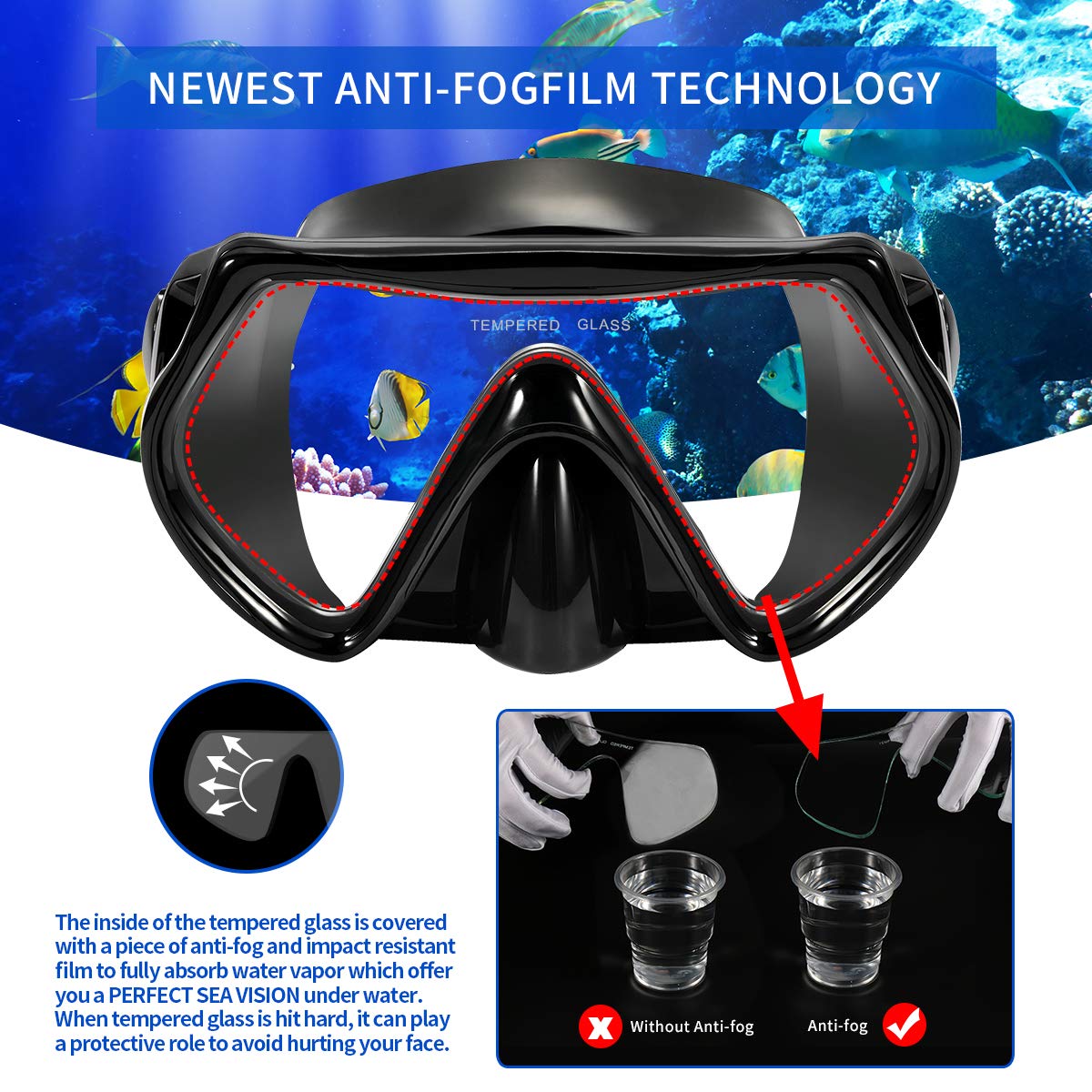 Snorkel Set Adults-Anti-Fog Film Scuba Snorkeling Diving Mask with Impact Resistant Temperred Glass|Dry Top Snorkel,2 Mouthpieces 1 Waterproof Case Included