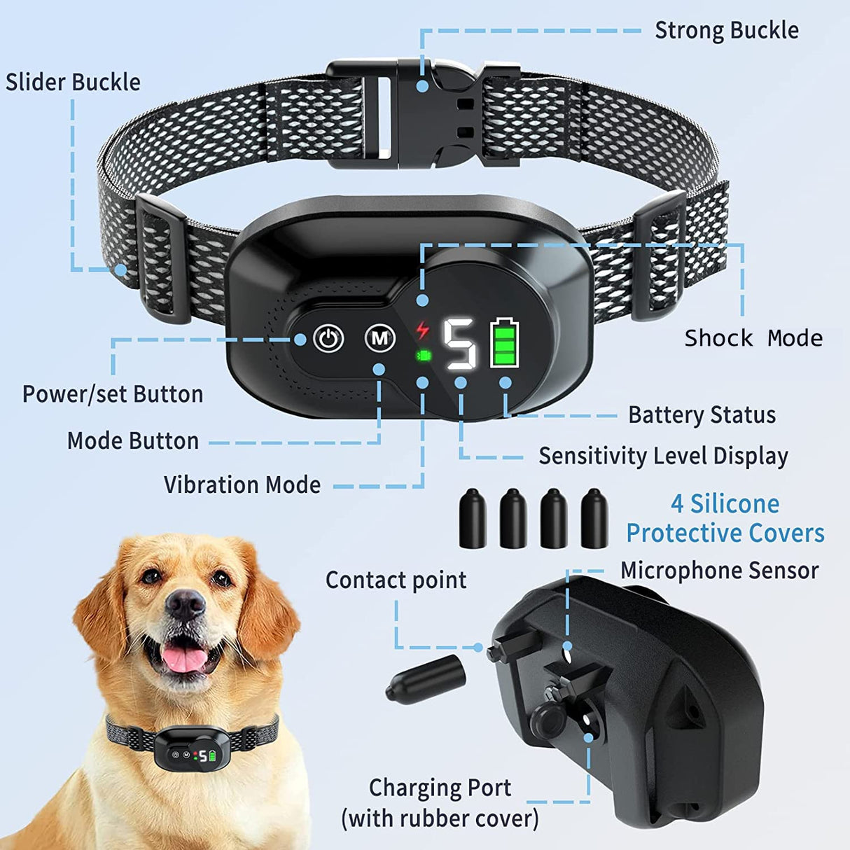 Dog Bark Collar, Anturnpet Anti Barking Collar with 5 Adjustable Sensitivity and Intensity Beep Vibration and Optional Shock Function, Rechargeable Smart Bark Collar for Small, Medium & Large Dogs Black