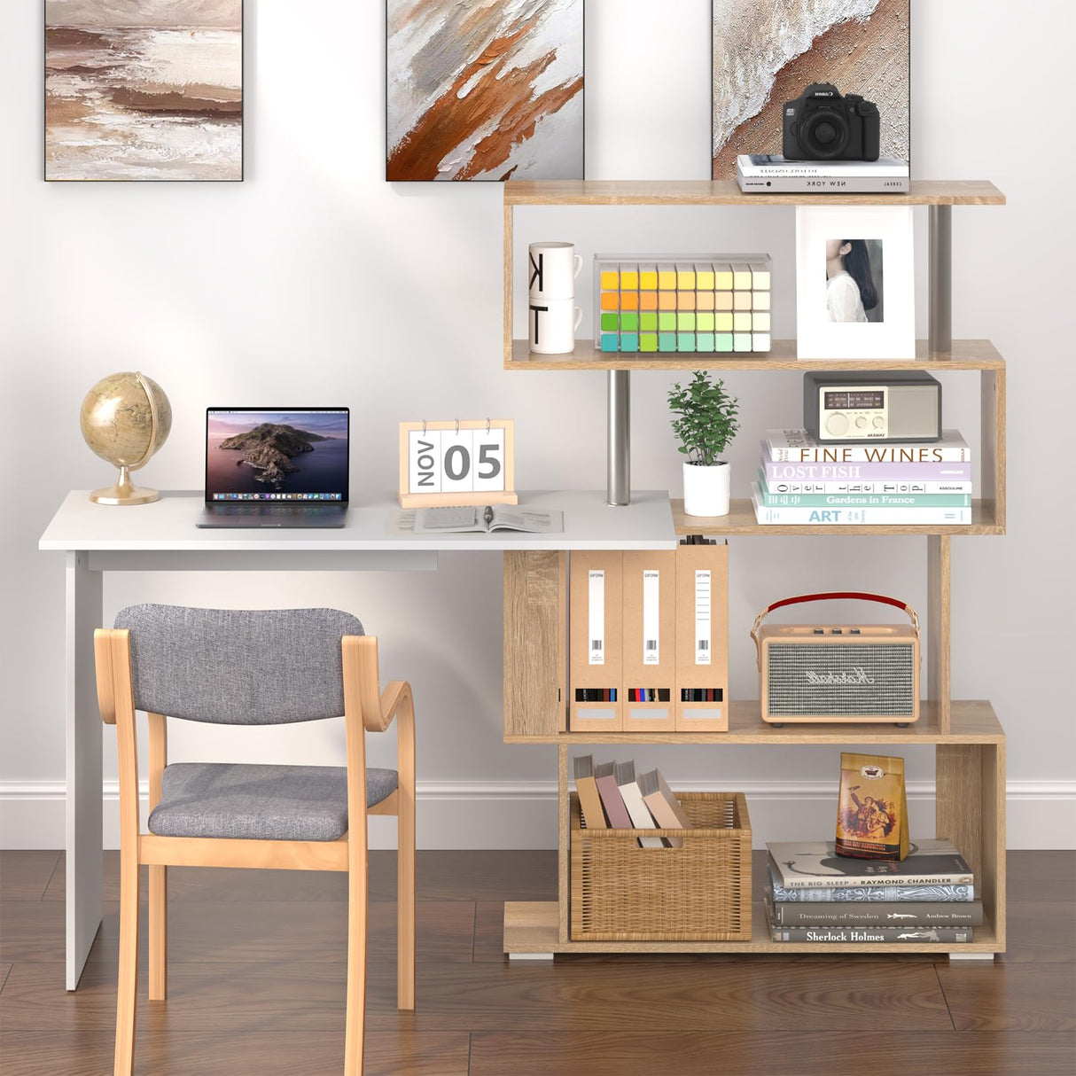 Office Desk Rotating Desk, Wooden Study Desk Table with Storage Shelves, Corner Desk Movable Laptop Table, White & Wood Computer Desk