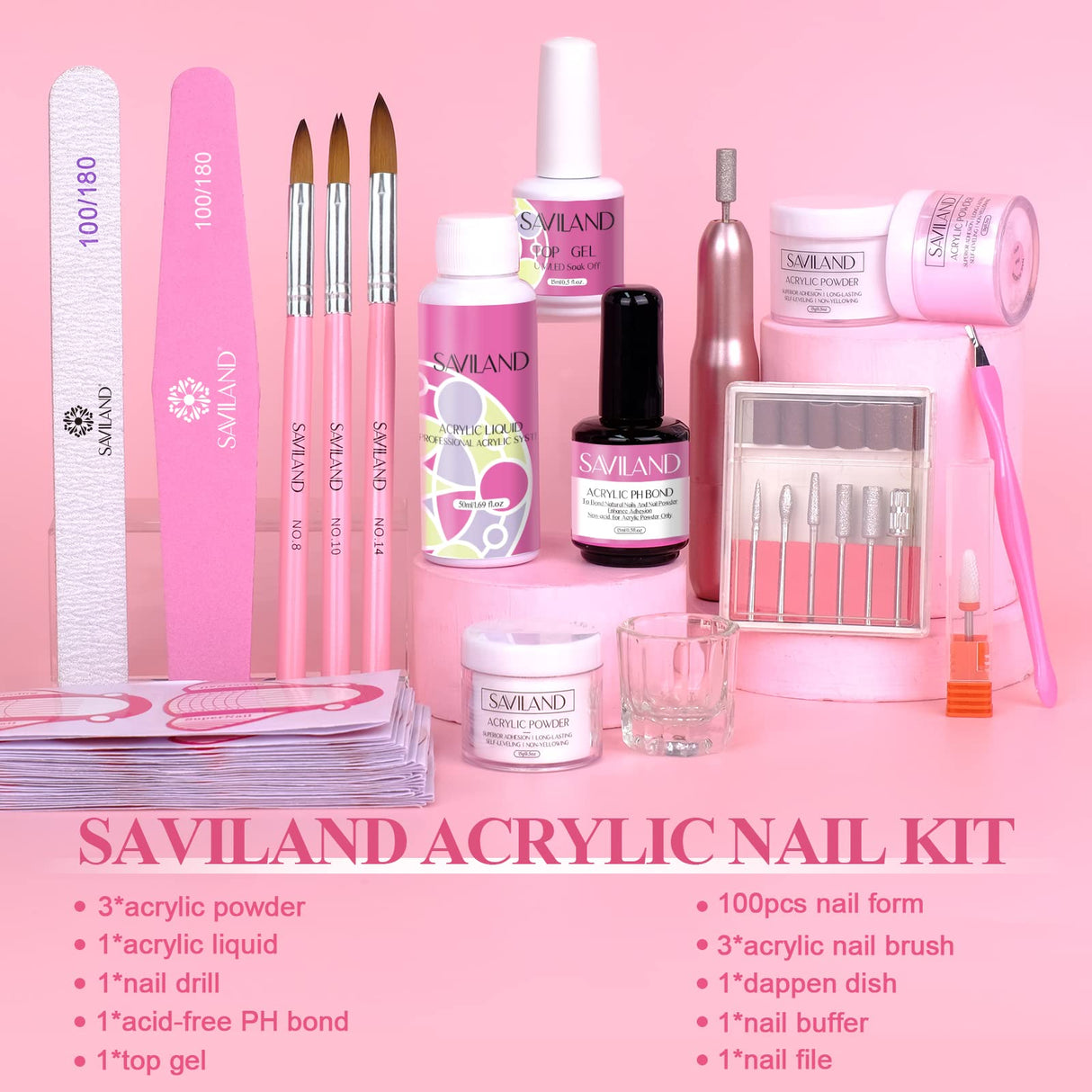 Acrylic Nail Kit with Nail Drill - White/Pink/Clear Acrylic Powder and Liquid Set Acrylic Nail Brush Nail Supplies Nails Kit for Beginner with Everything for Acrylic Nails Art Design Home DIY