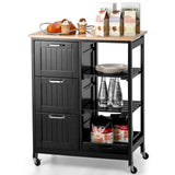 Kitchen Island on Wheel with Storage, Multi-purpose Rolling Cart w/ Rubber Wood Countertop, 3 Drawers, Removable Tray & Open Shelves, Lockable Casters, Mobile Serving Trolley for kitchen, Dining Room (Black)