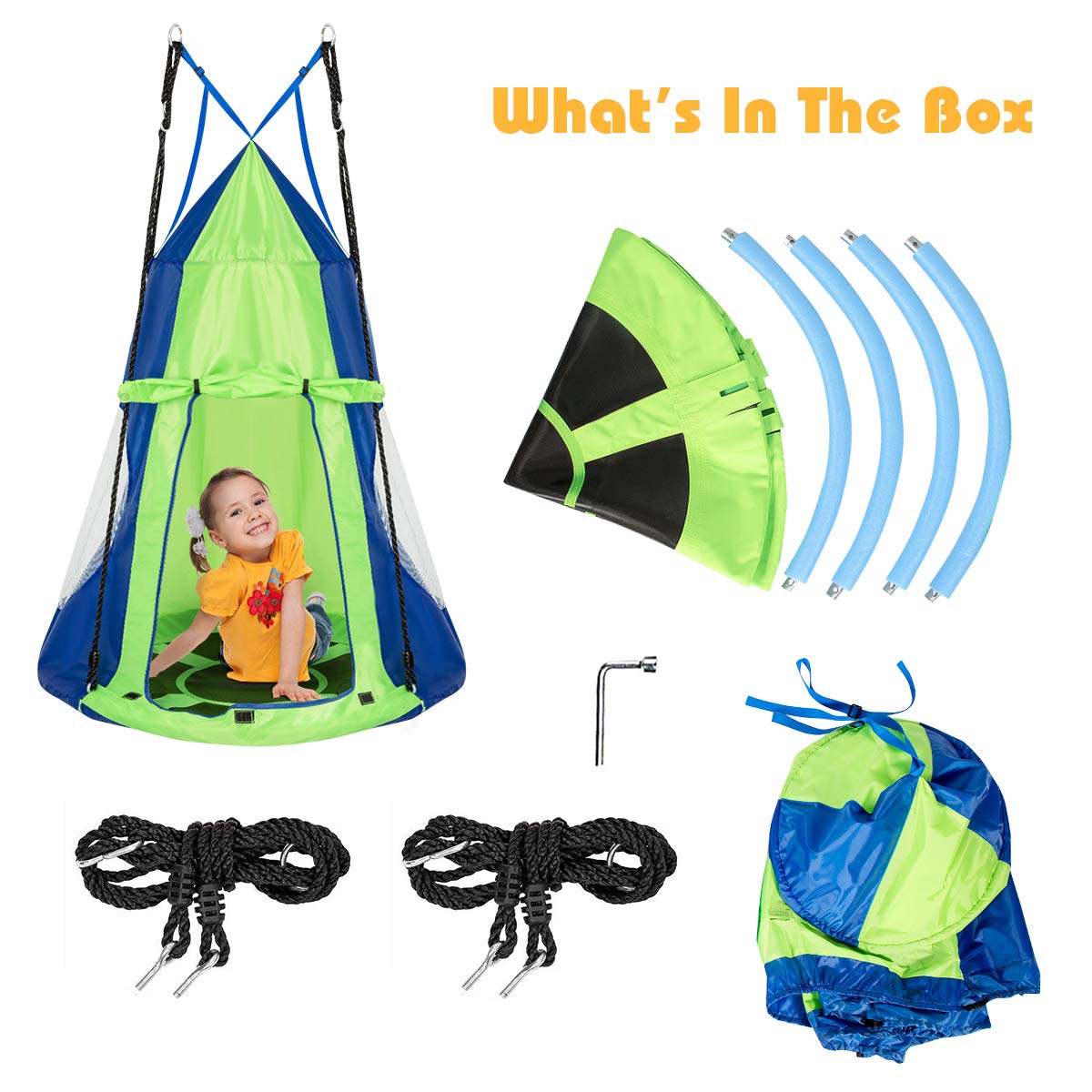 100cm 2 in 1 Kids Detachable Tree Tent Swing Set, Nest Hammock Chair and Swing Seat, Giant Hanging Pod Play House Adjustable Hanging Ropes, 300KG Capacity, Hanging Tree House Tent for Children