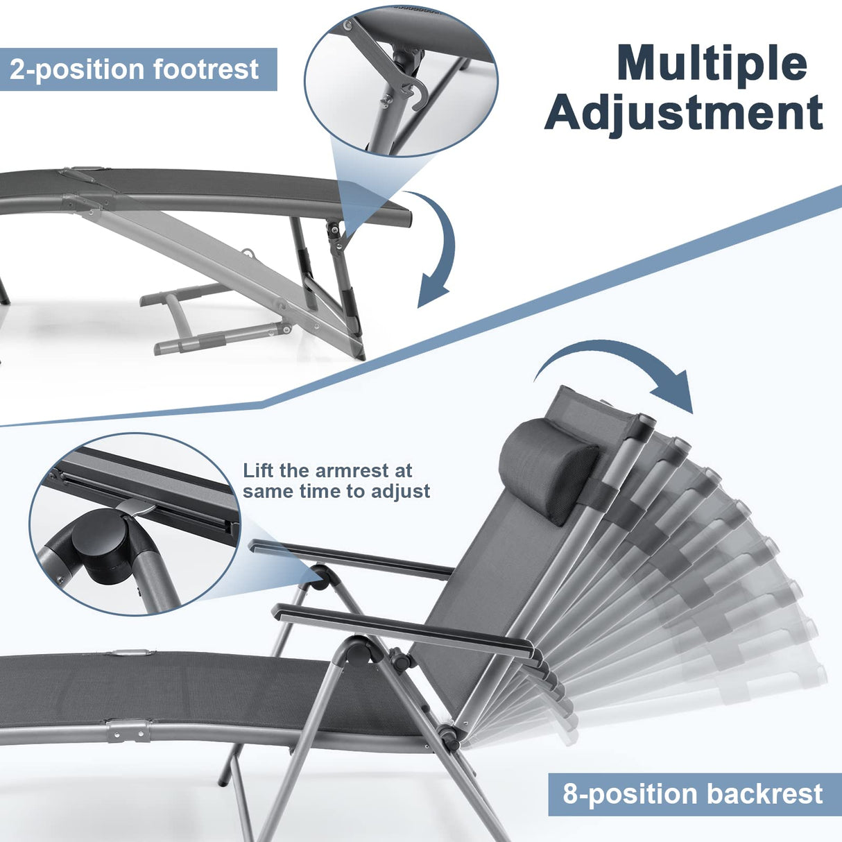 Patio Lounge Chair, Rustproof Aluminum Chaise Lounge Chair with 8-Position Adjustable Backrest, 2-postion Footrest, Comfortable Headrest, Outdoor Folding Reclining Chair for Outside