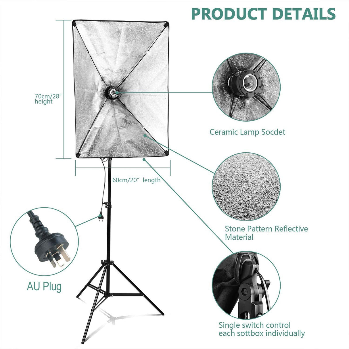 Softbox Lighting Kit 4x 25W LED Bulbs Professional Boom Arm Photography Continuous Light Studio Equipment with E27 Socket and 20x28inch Reflector Diffuser for Portrait Product Fashion Shooting