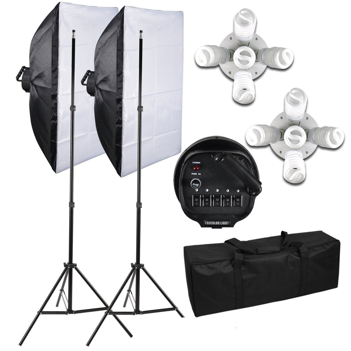 Photography Studio 3375W Continuous Lighting Softbox Background Kit 15 x 45W Bulbs + 5-Socket Light Heads Soft Box Kit + 4 Backdrops (Black/White/Green/Gray) Background Light Stand Reflector