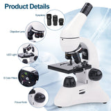 40X-2000X Microscope for Kids Adults, Metal Body Optical Glass Lens Monocular Beginners Microscope with Prepared Slides Phone Adapter