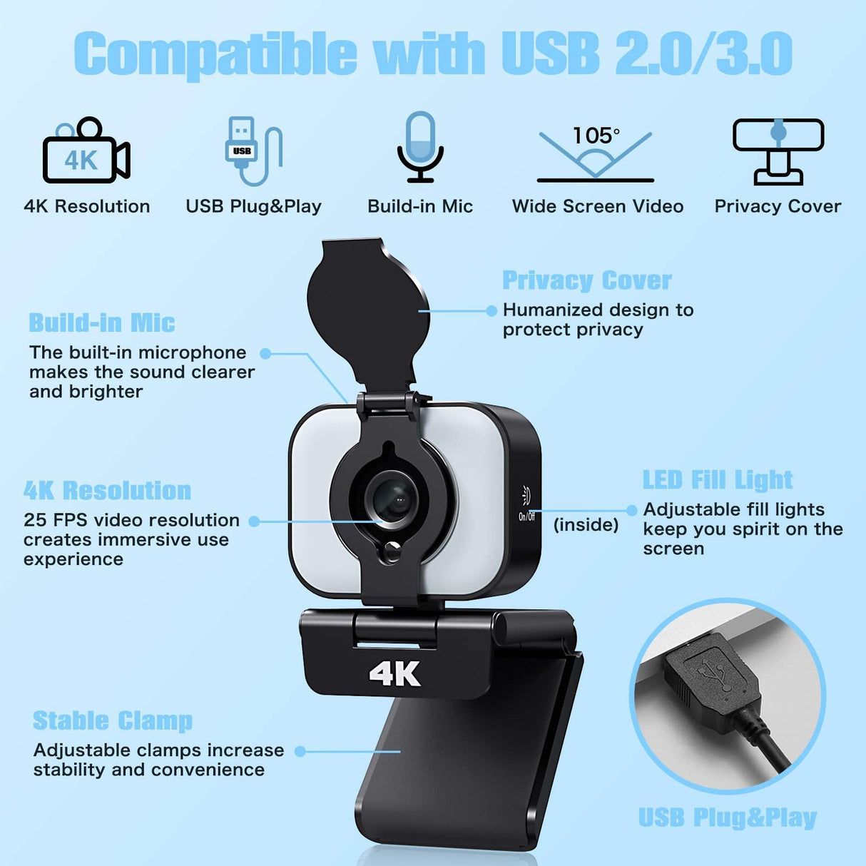 4K HD Webcam with Adjustable Fill Light and Privacy Cover USB Camera with Microphone Wide Screen Pro Streaming